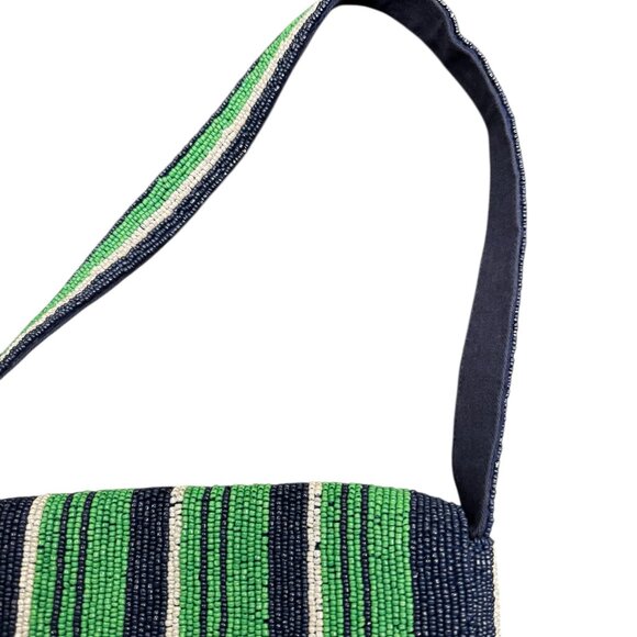 Anthropologie Fiona Beaded Shoulder Bag – Green & Blue Striped Hand-Beaded Purse - Picture 3 of 5